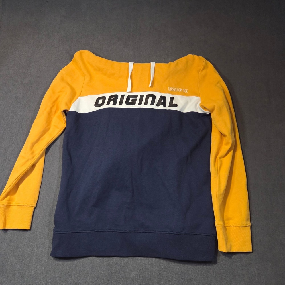 Hang Ten Hoodie Mens Large Yellow Navy Blue Colorblock Original Graphic Pullover